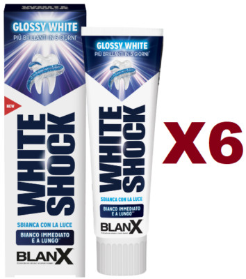 6 BLANX WHITENING WHITE SHOCK TOOTHPASTE GLOSSY WHITE 75ML WHITENING WITH LIGHT