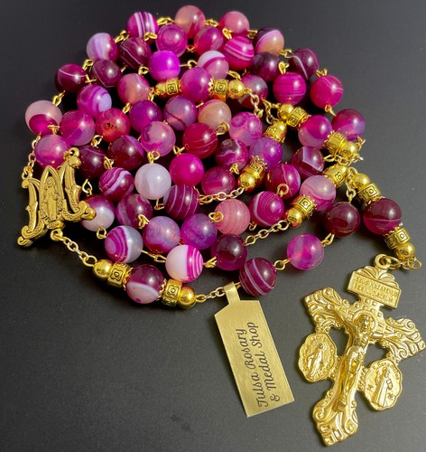 Semi Precious Pink Banded Agate 10mm Stone 28” Rosary Pardon Crucifix w/ Tag - Picture 4 of 8