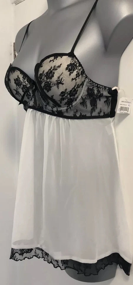 Linea Donatella White & Black Bodice Sheer Underwired Chemise & Thong Set Small - Image 3 of 4