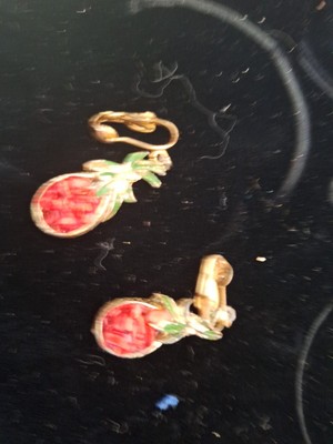 Red Crystal Fauceted Stones. Strawberry Pineapple Shaped Gold Earrings