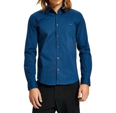 HUGO BOSS Ermo Dark Blue Monogram Long Sleeve Front Button Shirt
