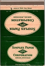 Vintage Matchbook Cover Simplex Paper Corporation Adrian, Michigan MB110