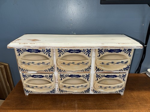 Antique Blue Onion Pattern Porcelain 6 Draw Cabinet 20” X 11” Exc Condition - Picture 2 of 13