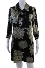 Barbara Bui Women Black Silk Shift Shirt Dress Collared 3/4 Sleeve Size S