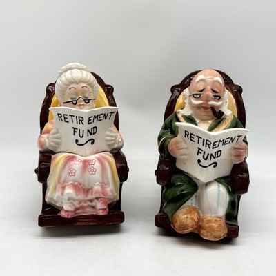 Vintage Lefton Retirement Fund Piggy Banks Grandma Grandpa in Rockers!