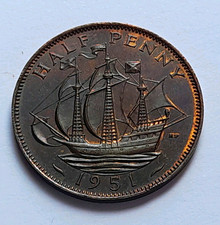 1951 Great Britain George VI Half-Penny Coin (1936-1952 Era) BN, Ungraded