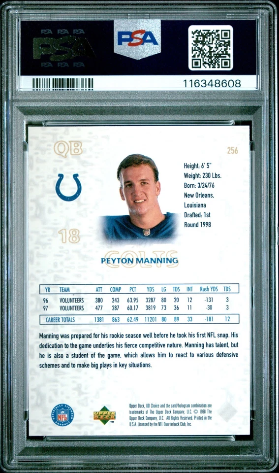 1998 Upper Deck UD Choice Peyton Manning #256 PSA 10 Gem Mint Colts RC Rookie - Image 2 of 2