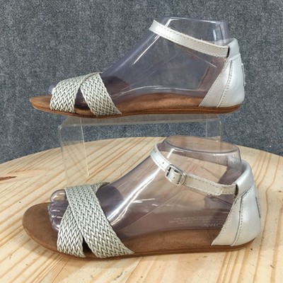 TOMS Sandals Womens 7.5 M Silver Ankle Strap Faux Leather Strappy Woven Braided