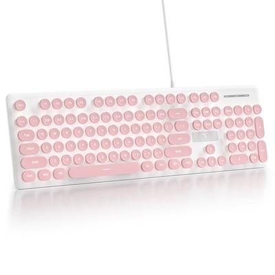 Pink Wired Membrane Keyboard Full Size 104 Keys White LED Backlit Round