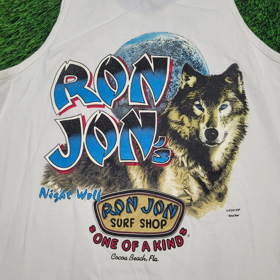 Camiseta sin mangas de colección años 90 Ron Jon "Night Wolf" para hombre L ropa de surf cacao playa Foto 2 de 4