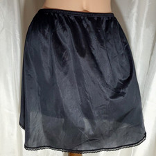 Vintage Half Slip Skirt BLACK SATIN NYLON Knee Length 18" LARGE
