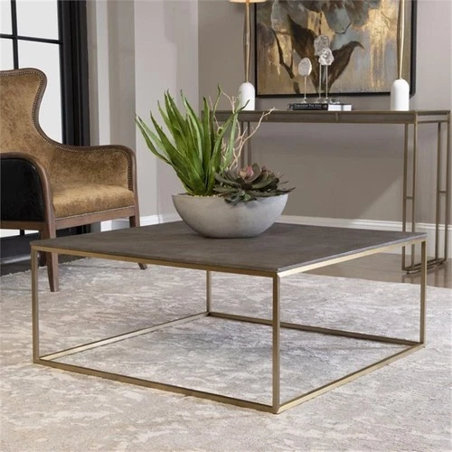 Uttermost Trebon Modern Faux Shagreen and MDF Coffee Table in Brushed Brass - Picture 3 of 7