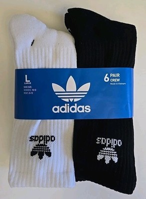 6 NEW PAIRS OF MENS ADIDAS ORIGINAL TREFOIL CREW SOCKS BLACK AND WHITE SIZE L