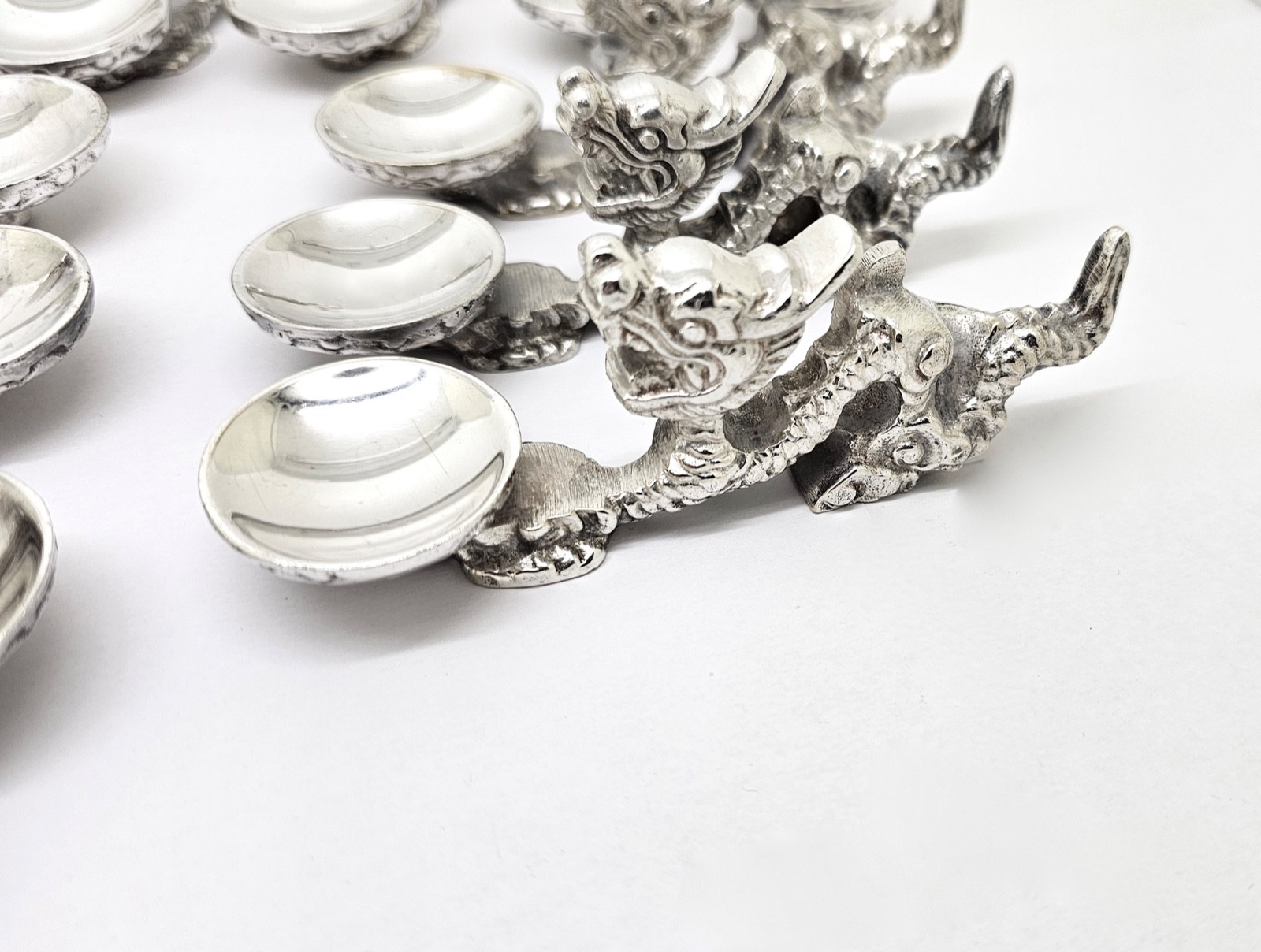 VINTAGE SET 12 SILVERPLATED FIGURAL CHINESE DRAGON CHOPSTICKS KNIFE RESTS,BOX