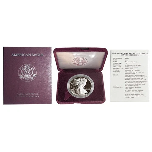 1992-S $1 1-oz Proof American Silver Eagle w/ Box, OGP &COA