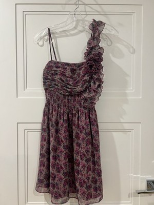 ark & co. Purple Floral Chiffon Mini Dress One Shoulder Ruffle Size M Pullover