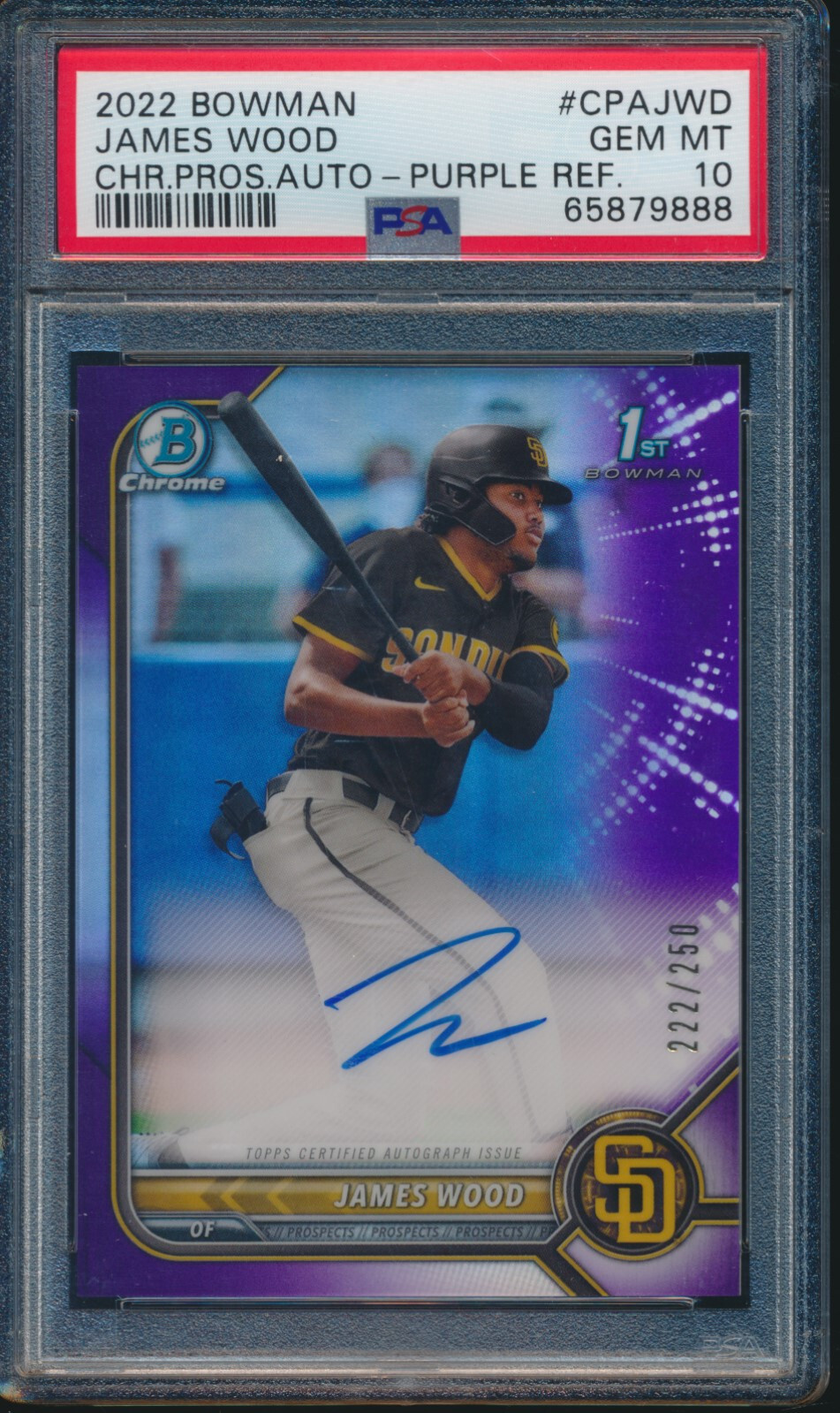 PSA 10 JAMES WOOD AUTO 1st 2022 Bowman Chrome PURPLE REFRACTOR /250 RC