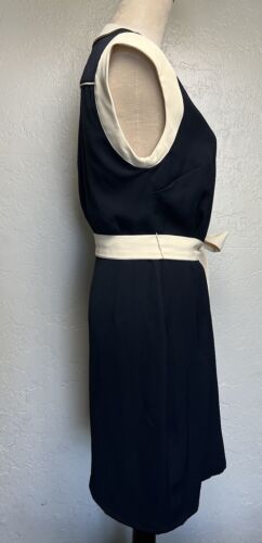 nwt Karen Millen Belted Woven Sheath Dress US 6 Button Detailing Navy Ivory - Picture 4 of 10