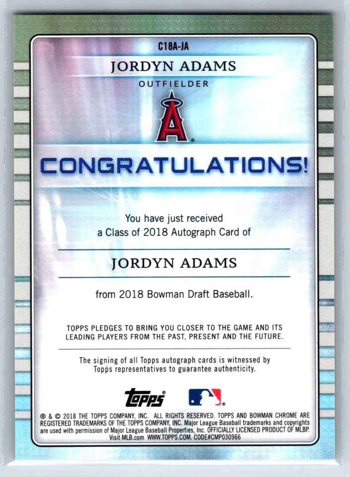Jordyn Adams 2018 Bowman Chrome Class Gold Refractor Autograph ROOKIE #50/50 - Image 2 of 2