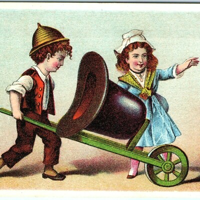 c1880s Giant Top Hat Children Wheelbarrow Stock Trade Card Printer Sample 404