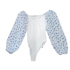 Altar'd State White Ribbed Bodysuit Sheer Floral Balloon Sleeves Women's XS