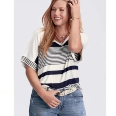 CAbi Women's #5925 Sailor Tee Blue White Stripe Size Medium Rayon Stretch  Knit