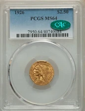 1926 INDIAN HEAD $2.5 QUARTER EAGLE GOLD PCGS MS64 CAC