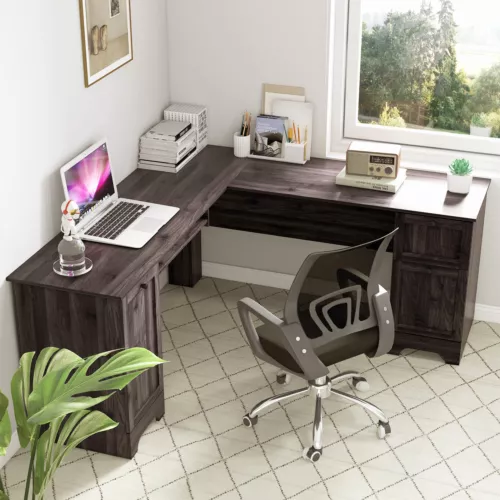 Corner Computer Desk 66.5" L Shaped Home Office Desk Keyboard Tray Dark Brown