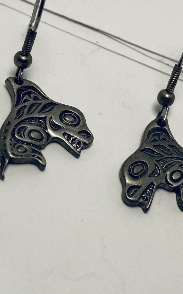 Vintage Dangle SilverTone Native Tribal Haida Fish Orca Whale