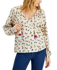 MSRP $60 Charter Club Floral-Print Split-Neck Cotton Top Beige Size 2XL