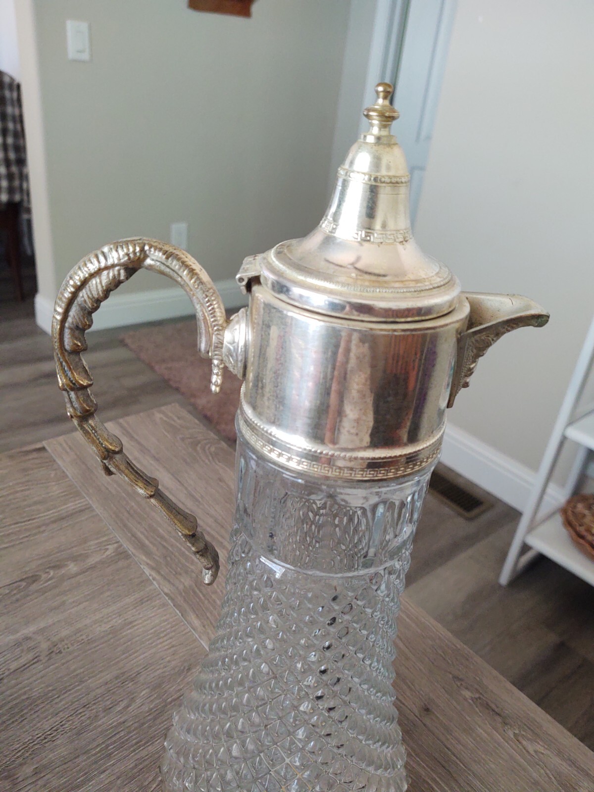 Amf Pitcher 1930s Crystal Cut large Pitcher with Silver Plate Lid and Handle 14”x 5 ...
