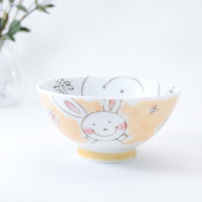 Japanese Chawan Rice Bowl Flower Rabbit Orange Pink Kids Ceramic Mino ...
