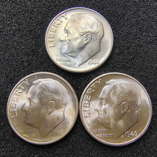 1946-P-D-S Roosevelt Dimes (3 Coins) - 90% Silver - BU Condition - Light Toning