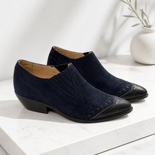 Vintage 90s Guess by Georges Marciano Navy Suede Western Ankle Boots with Reptil