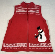 CJ Banks Snowman Sweater Vest Embroidered Fair Isle Full Zip Red SIZE X 14W