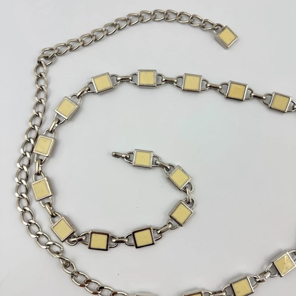 Silver Tone Chain Belt Square Cream Enamel Links Chain Disco Era Vtg 45" Long - Image 4 of 4