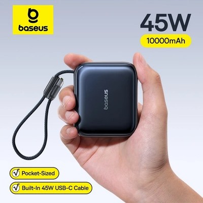 Baseus 45W 10000mAh Mini Power Bank USB-C Built-In Cable Fast Charger Portable B