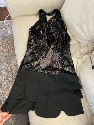 Bebe Design Lab Black Sequin Halter Mini Dress with Scalloped Skirt - Size XS