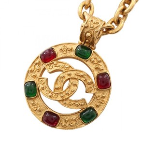 Authentic CHANEL COCO Mark Gripoix Long Necklace Pendant Gold Plated Rhinestone Used Women