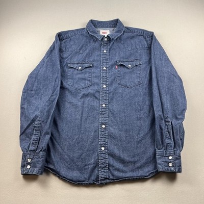 Levis Western Shirt Mens Medium Blue Denim Pearl Snap Long Sleeve Cowboy Red Tab