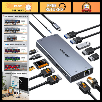 15-in-1 USB C Docking Station, Dual Monitor Hub, 8K DP, 4K HDMI, 6 USB Ports, Et