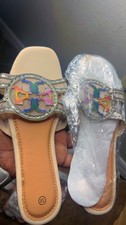 Beige Multicolor Slip-On Flat Sandals Women Rhinestone Accent EU 38