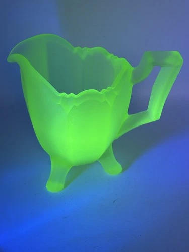 Vintage Frosted Green Uranium Glass Footed Creamer Depression Glass