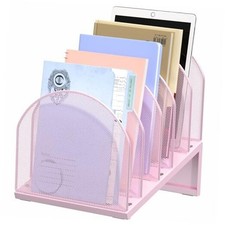 5-Section Desk File Organizer, Metal Mesh Folder Organizer for Documents, Pink