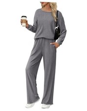 Lounge Sets for Women Comfy Ribbed Knit Pajamas Fall Long Sleeve Medium Grey