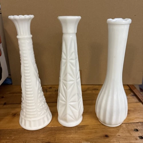 Lot Of 3- Vintage Milk Glass Vases, Stars And Bars, Starburst, Ribbed Bud Vases