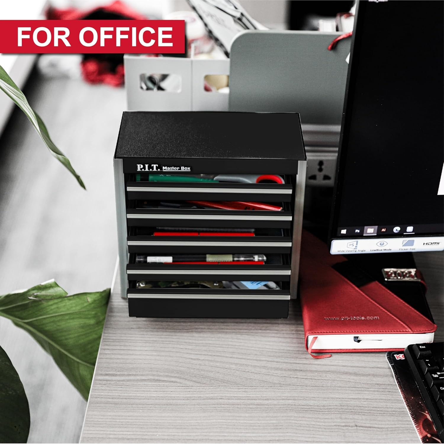 P.I.T. Mini Black Tool Box, Portable 5-Drawer Micro Roll Cab Steel Stackable