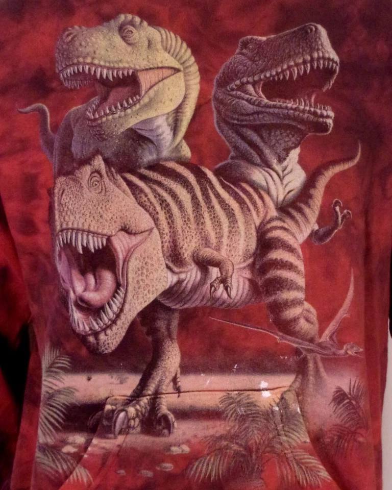 vintage EUC The Mountain Dinosaurs T Rex Hoodie Sweatshirt Tyrannosaurus YXL / M - Изображение 2 из 4