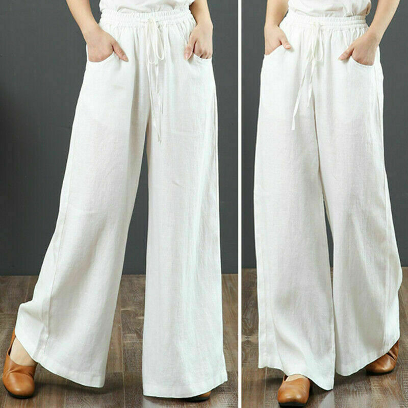 Womens Cotton Linen Casual Baggy Waist Long Elastic High