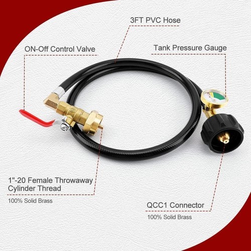 1Lb To 20Lb Propane Refill Adapter Extension Hose with Gauge On-Off Control 40'' - Picture 5 of 10